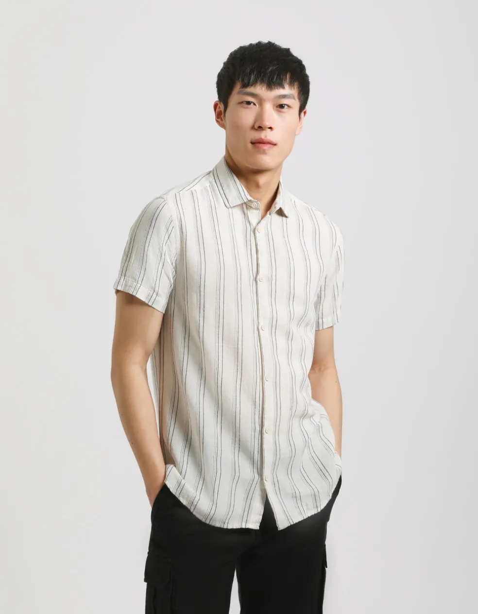 Camicia mezza manica a righe misto lino