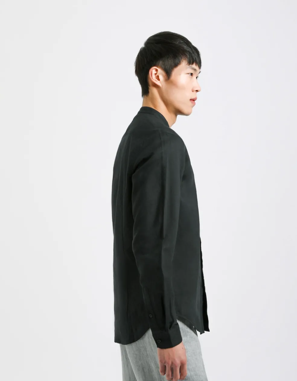 Camicia misto lino con collo coreano